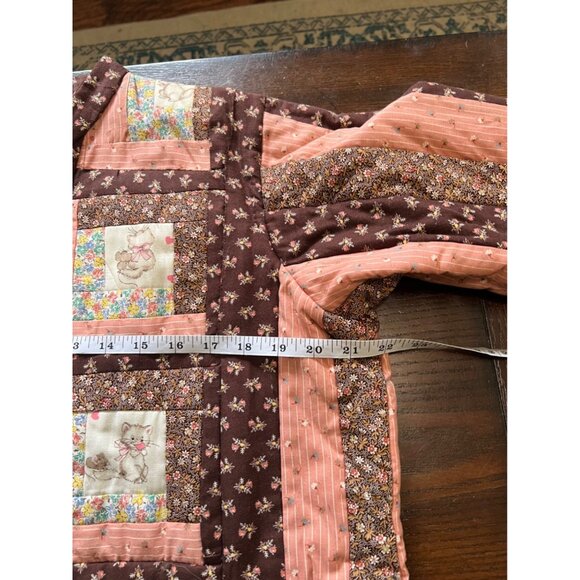 Vintage Handmade Quilt Jacket Brown Pink Floral Cat Mouse Zip Pockets Cottage - Picture 7 of 11